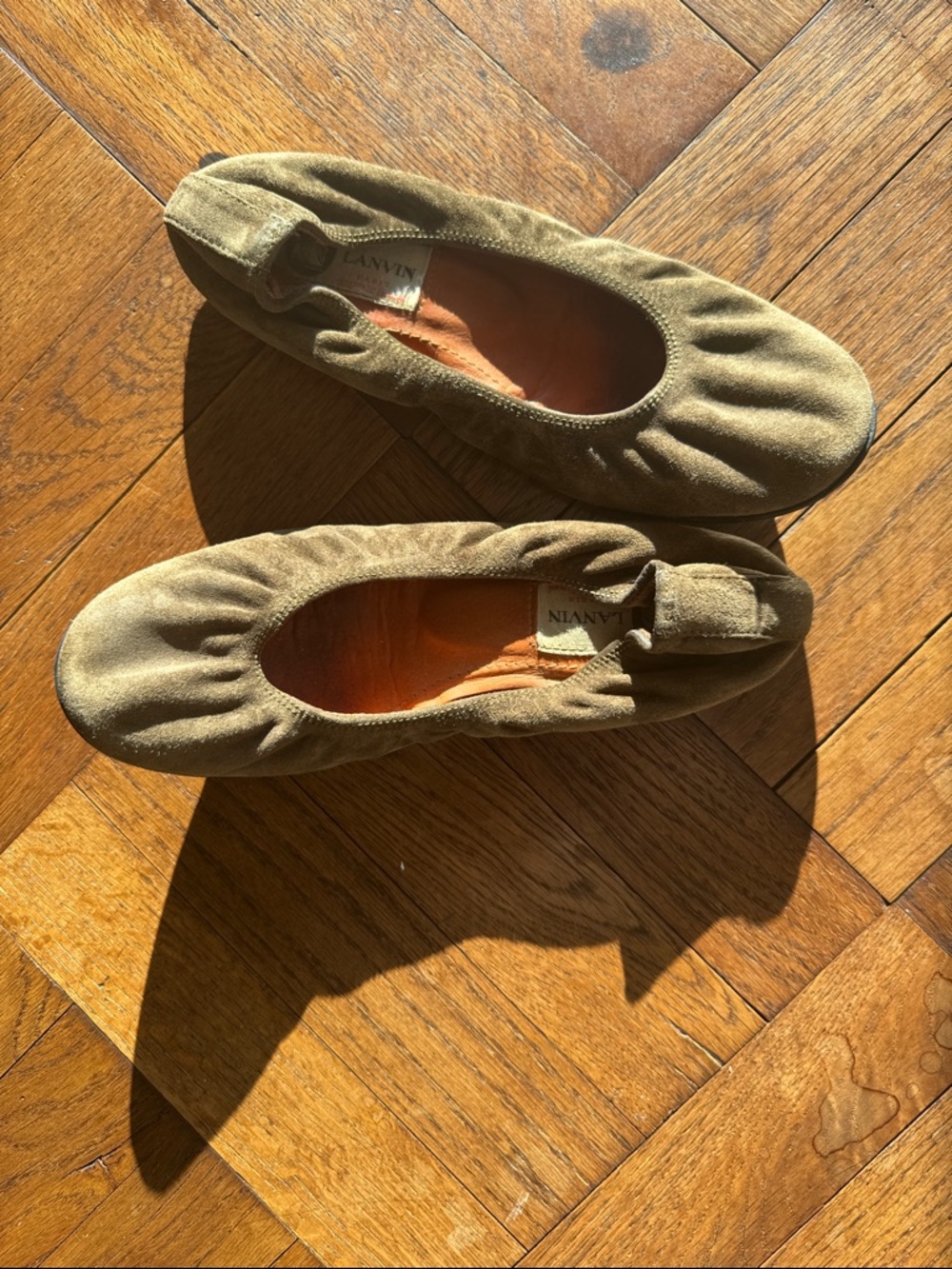 Lanvin Olive Suede Ballet Flats with Elastic Topline